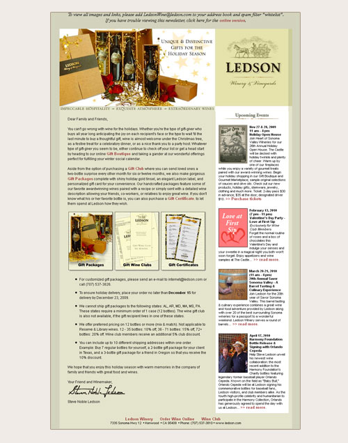 email design for Ledson Winery gift packages